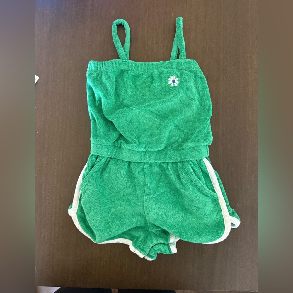 GAP Green Terry Romper with White Trim and Daisy Embroidery